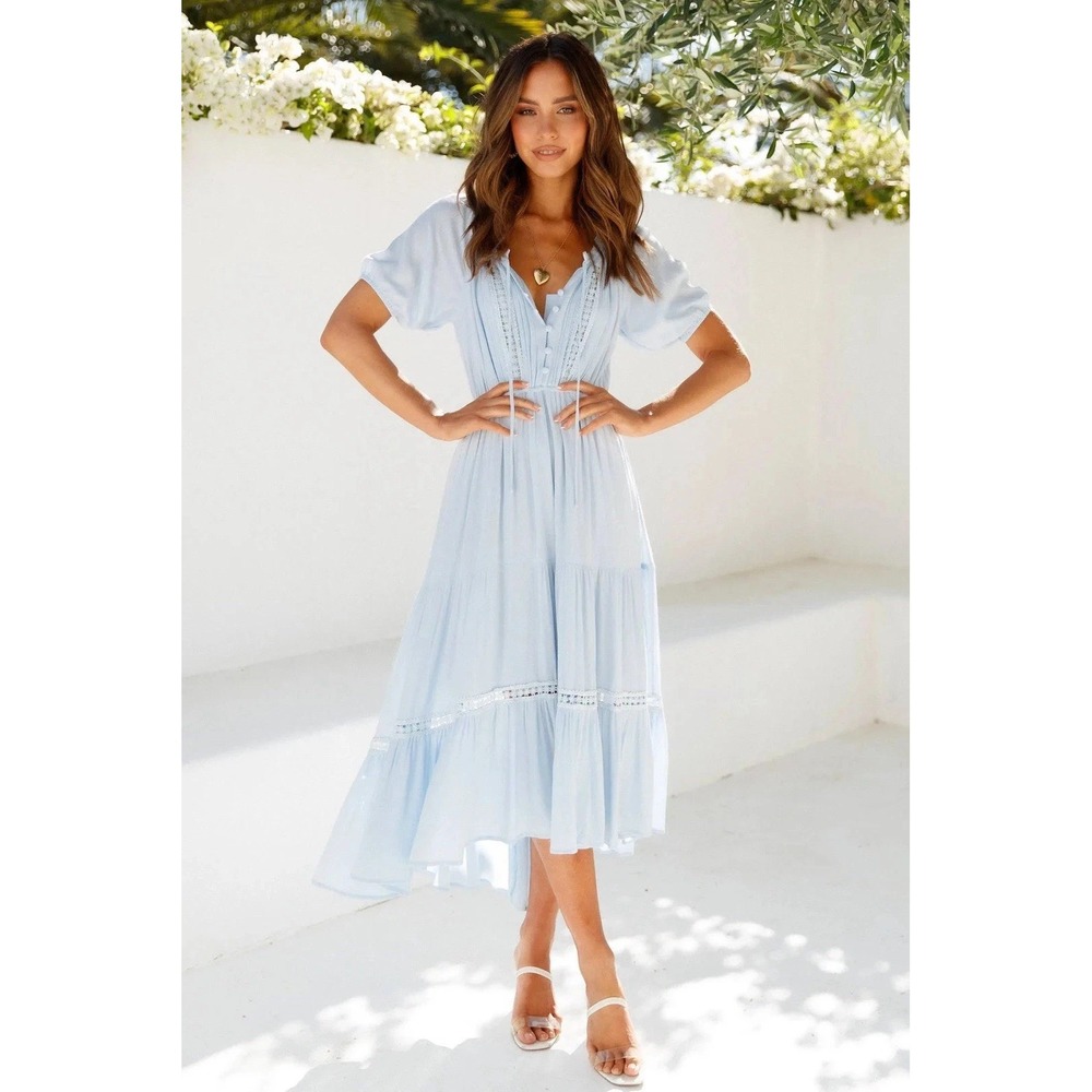 Hello Molly Light Blue Lace Trim Midi Dress Button Front US Size 2 / AU 6